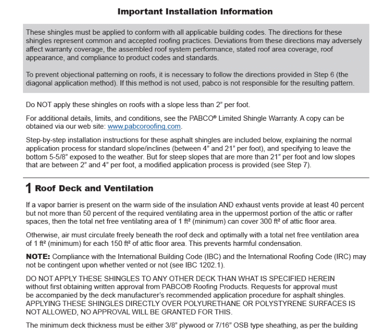 Installation – Instructions for PABCO Premier Shingles